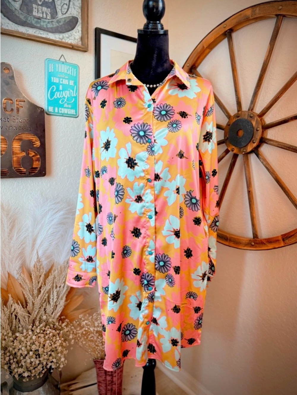 Concho Dress- Buttons up with turquoise patterns.